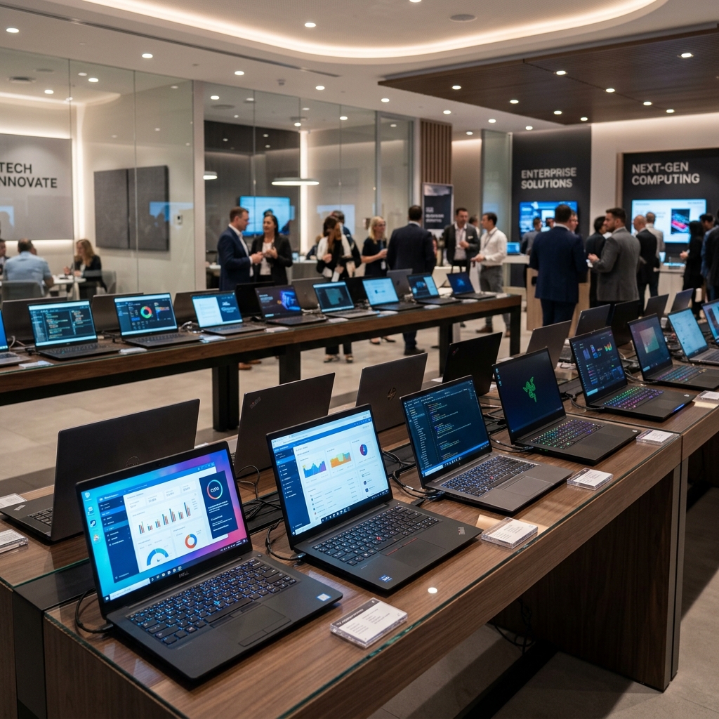 Rows of high-performance laptops glowing under soft showroom lighting