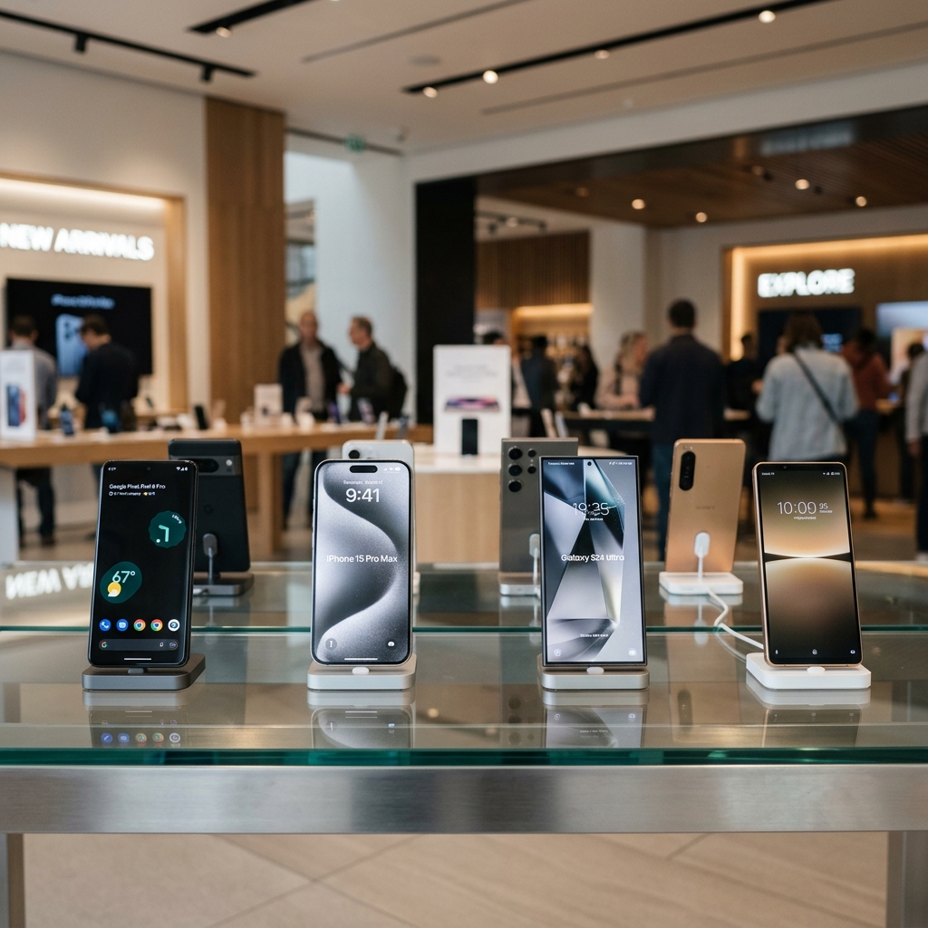 A sleek display of the newest smartphones arranged on a modern glass table