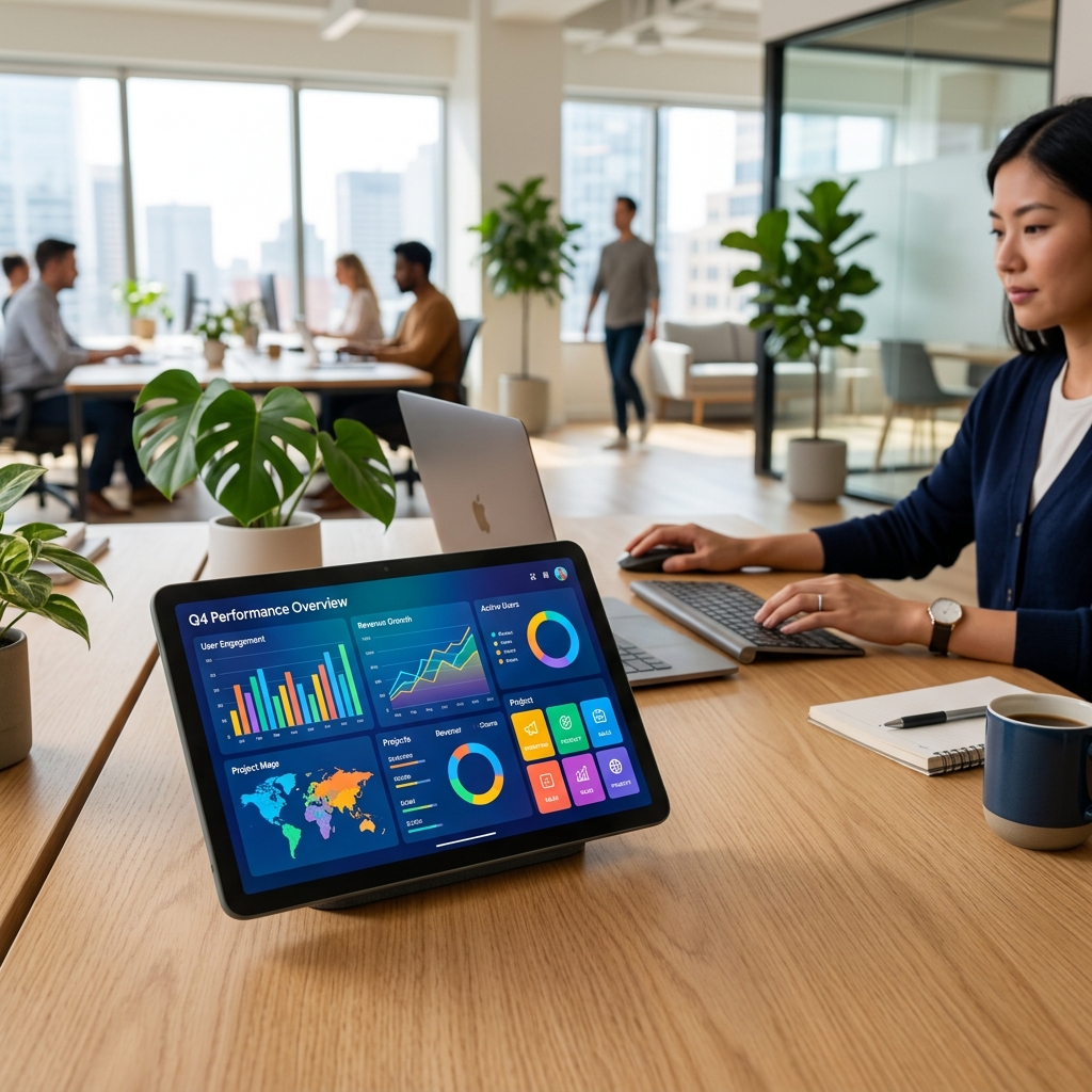 Vibrant tablet screen in modern office