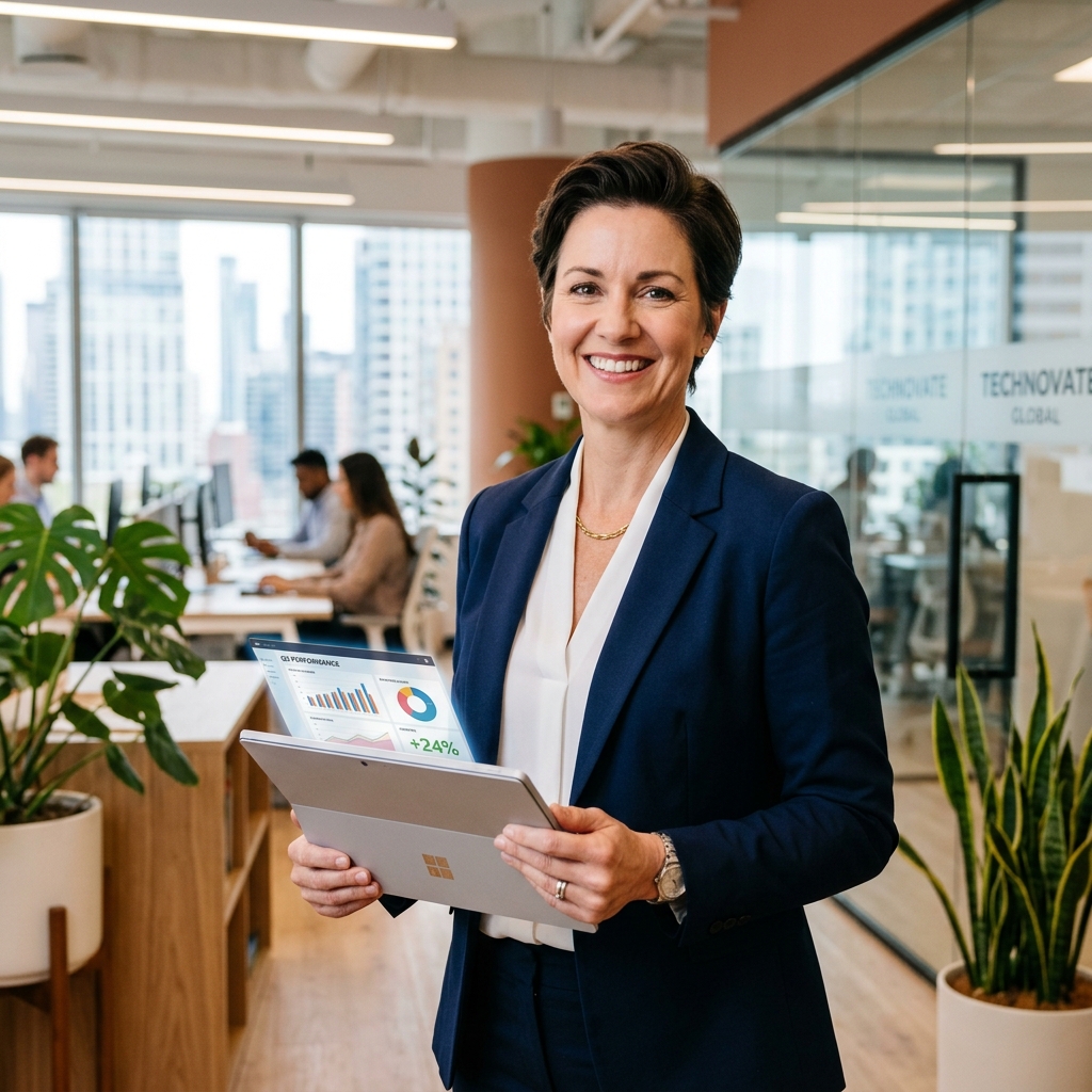 Satisfied business owner holding a tablet